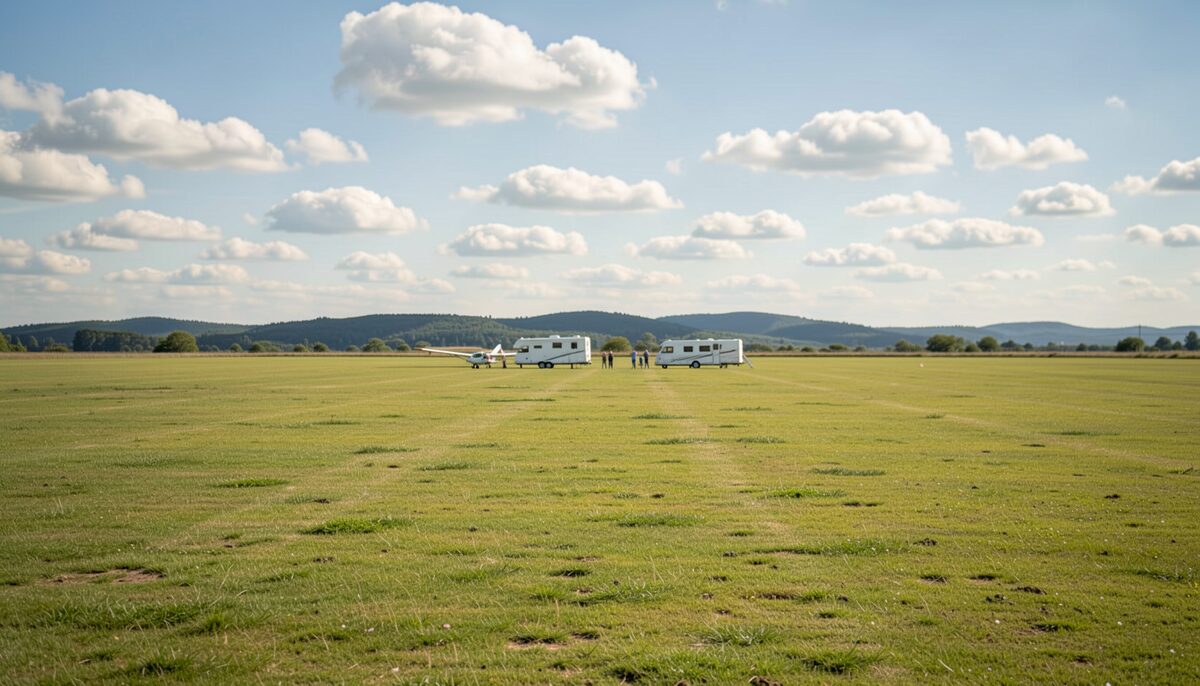 Scattered cumulus over a launch field on a typical soaring afternoon. Illustrative image, generated with AI.
