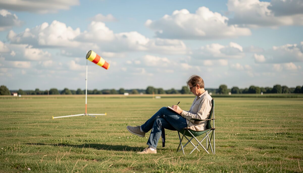 A visitor notes cloud and wind clues from the ground. Illustrative image, generated with AI.